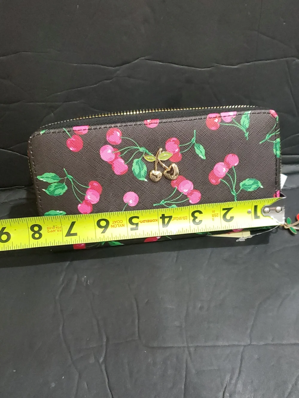 Black and pink cherry printed zip around long wallet with cherry charm brand new